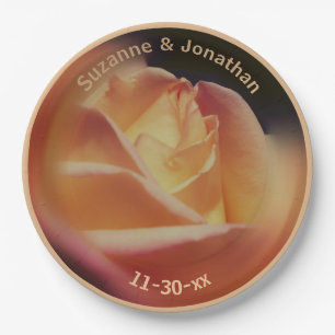 Dreamy Peach Rose Personalized Wedding Bridal Paper Plate