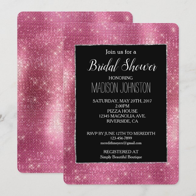 Dreamy Pink Black Glitzy Silver Sparkle Bridal Invitation (Front/Back)