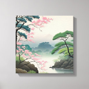 Dreamy Pink Blossom River Landscape Canvas Print