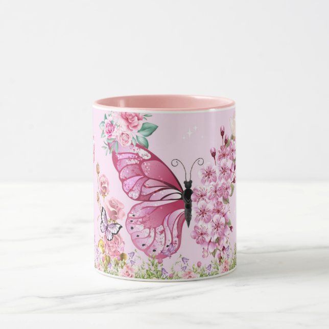 Dreamy Pink Butterfly Mug – Floral Aesthetic Coffe (Center)