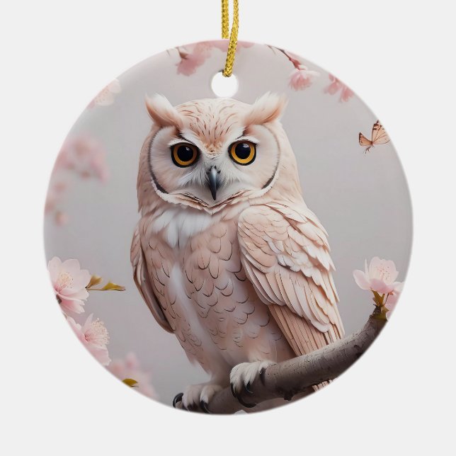 Dreamy Pink Cherry Blossoms Owl Ceramic Tree Decoration (Front)