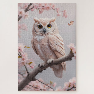 Dreamy Pink Cherry Blossoms Owl Jigsaw Puzzle