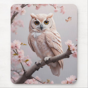 Dreamy Pink Cherry Blossoms Owl Mouse Mat