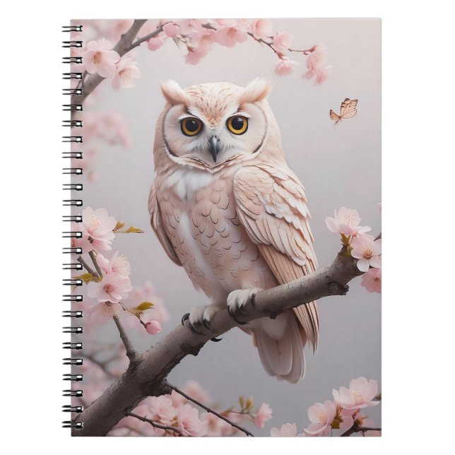 Dreamy Pink Cherry Blossoms Owl Notebook (Front)