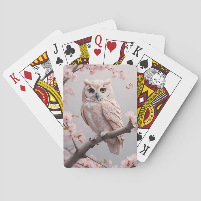 Dreamy Pink Cherry Blossoms Owl Playing Cards (Back)