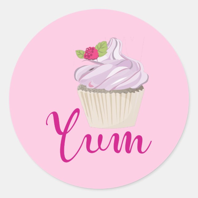 Dreamy Pink Cupcake with Raspberry Yum! Classic Round Sticker (Front)
