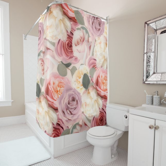 Dreamy Pink Floral Elegant Shabby Chic Roses Shower Curtain (In Situ)