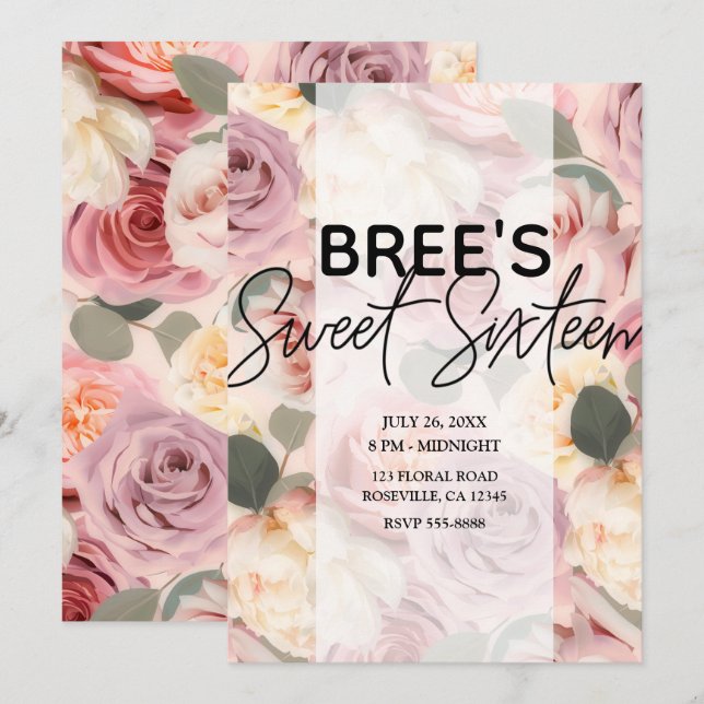Dreamy Pink Floral Elegant Shabby Chic Sweet 16  Invitation (Front/Back)