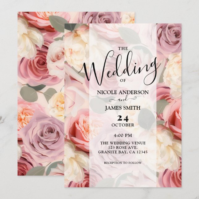Dreamy Pink Floral Elegant Shabby Chic Wedding   Invitation (Front/Back)