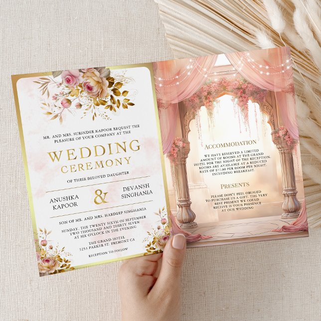 Dreamy Pink Floral Indian Mandap Hindu Wedding Invitation (Creator Uploaded)