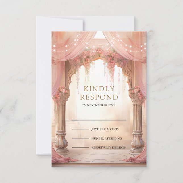 Dreamy Pink Floral Indian Mandap Hindu Wedding RSVP Card (Front)