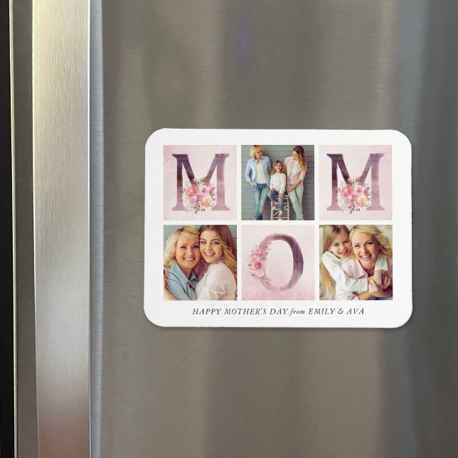 Dreamy Pink Floral MOM Photo Collage Mother's Day Magnet (Creator Uploaded)
