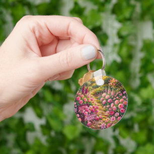 Dreamy Pink Flower Garden Path Painting Key Ring