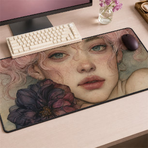 Dreamy Pink-Haired Muse with Royal Purple Dahlia Desk Mat