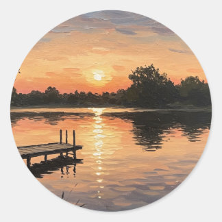 Dreamy Pink Lake Sunset Dock Moment Classic Round Sticker