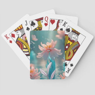 Dreamy Pink Lotus and Butterfly in Aqua Water Playing Cards