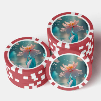 Dreamy Pink Lotus and Butterfly in Aqua Water Poker Chips