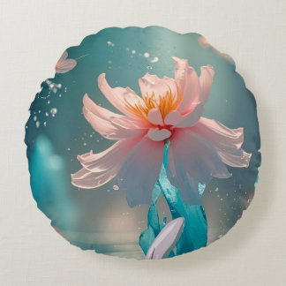 Dreamy Pink Lotus and Butterfly in Aqua Water Round Cushion