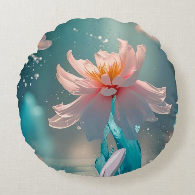 Dreamy Pink Lotus and Butterfly in Aqua Water Round Cushion (Front)
