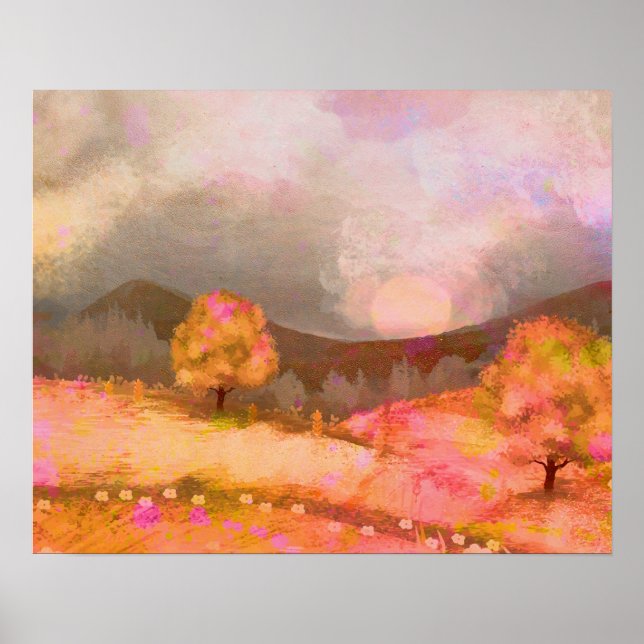 Dreamy Pink Orange Watercolor Landscape  Poster (Front)