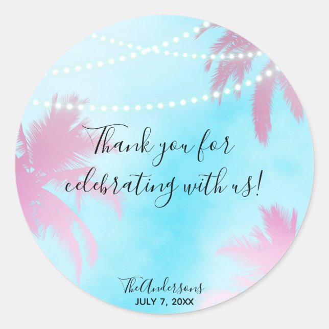 Dreamy Pink Palm Trees & Blue Sky String Lights Classic Round Sticker (Front)