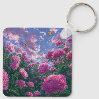 Dreamy Pink Peony Garden and Butterflies Key Ring