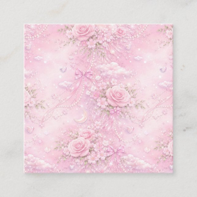 Dreamy Pink Rose Floral Pearls Bows Sparkle Pastel Enclosure Card (Front)