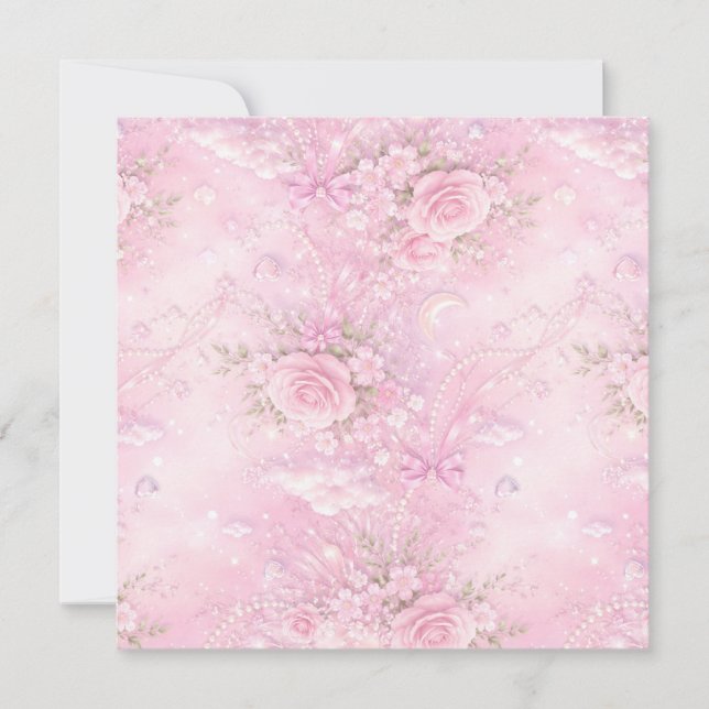 Dreamy Pink Rose Floral Pearls Bows Sparkle Pastel Thank You Card (Front)