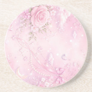 Dreamy Pink Rose Floral Pearls Bows Sparkles Coaster