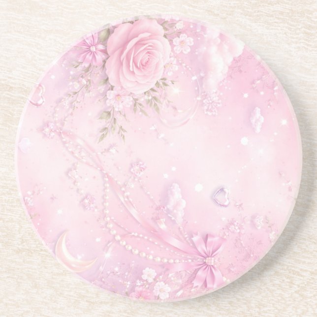 Dreamy Pink Rose Floral Pearls Bows Sparkles Coaster (Front)