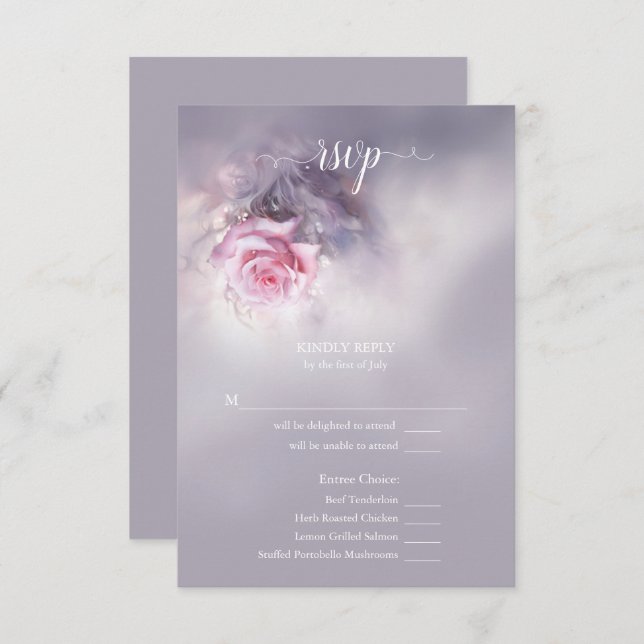 Dreamy Pink Rose on Dusty Lilac Meal Choice RSVP Card (Front/Back)