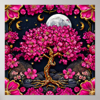 Dreamy Pink Tree and Moon Whimsical Fantasy art