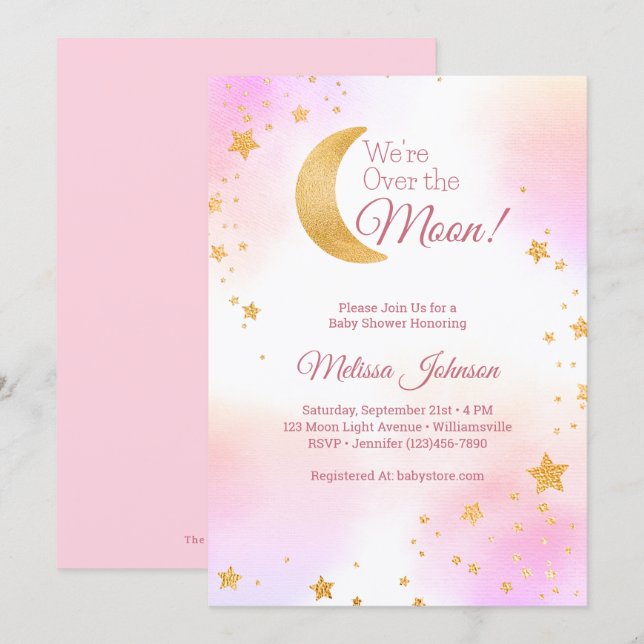 Dreamy Pink We're Over the Moon Girl Baby Shower Invitation (Front/Back)