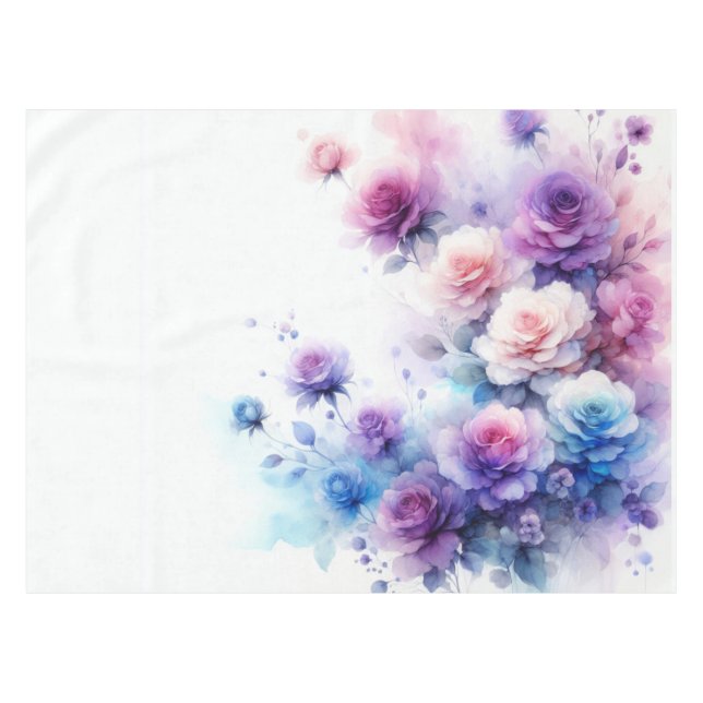 Dreamy Purple, Blue, and Pink Watercolor Roses Tablecloth (Front (Horizontal))