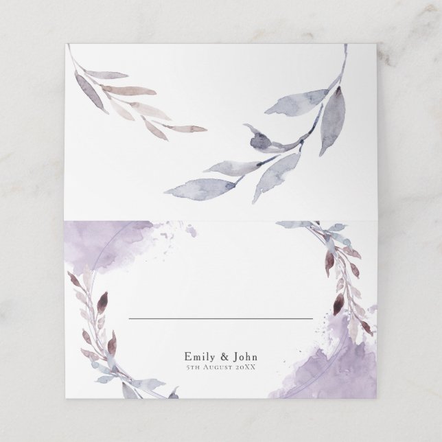 Dreamy Purple Leaves Watercolor Border Wedding Place Card (Outside Unfolded)