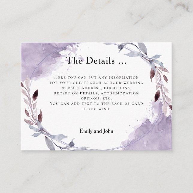 Dreamy Purple Leaves Watercolor Wedding Details Enclosure Card (Front)