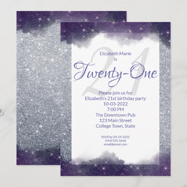 Dreamy Purple Watercolor Glitter 21 Birthday Party Invitation (Front/Back)