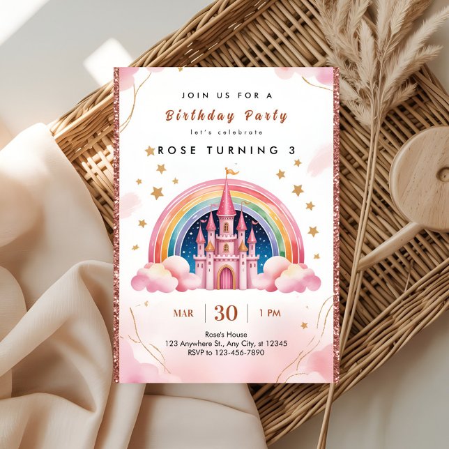 Dreamy Rainbow Princess Castle 3rd Birthday Invitation (Creator Uploaded)