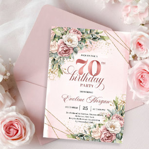Dreamy Rose Gold Floral Greenery 70th Birthday Invitation