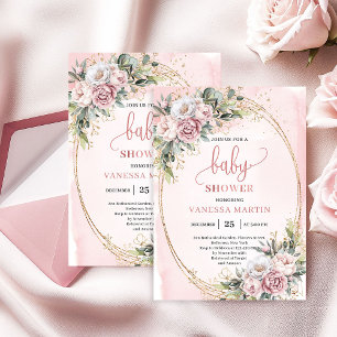 Dreamy Rose Gold Flowers Greenery Girl Baby Shower Invitation