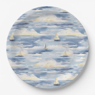 Dreamy Sailboats Ocean Watercolor Pattern (1) Paper Plate