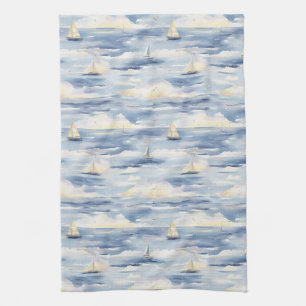 Dreamy Sailboats Ocean Watercolor Pattern (1) Tea Towel