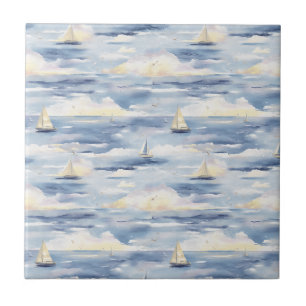 Dreamy Sailboats Ocean Watercolor Pattern (1) Tile
