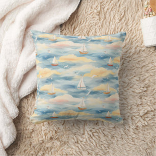 Dreamy Sailboats Ocean Watercolor Pattern (2) Cushion