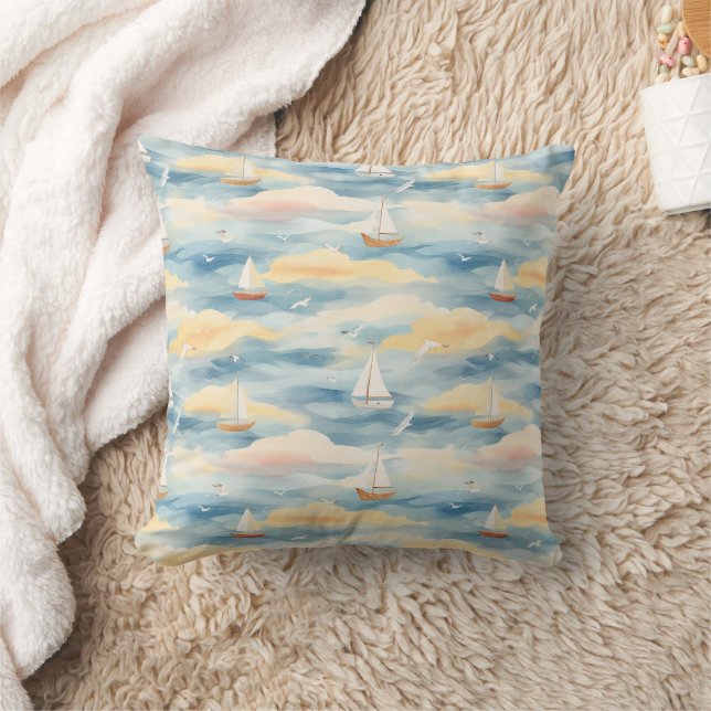 Dreamy Sailboats Ocean Watercolor Pattern (2) Cushion (Blanket)
