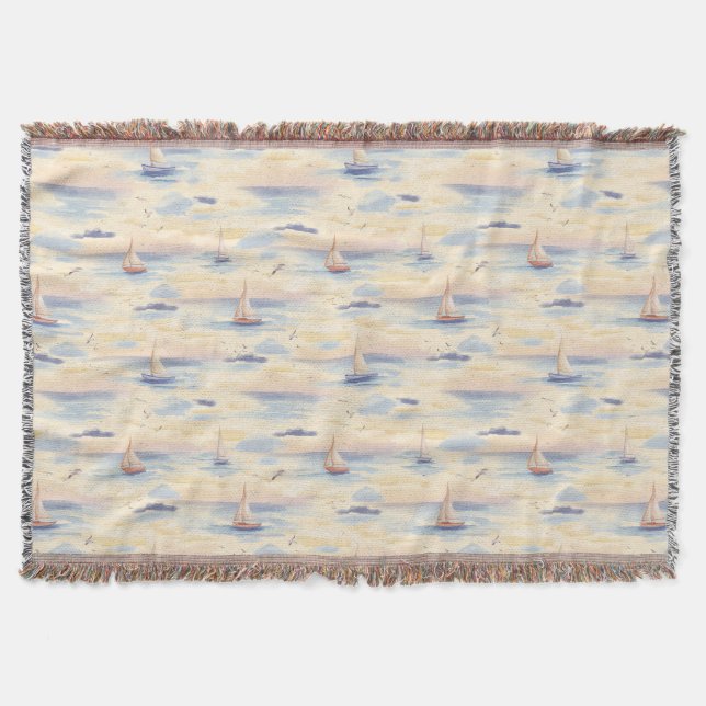 Dreamy Sailboats Ocean Watercolor Pattern (2) Throw Blanket (Front)