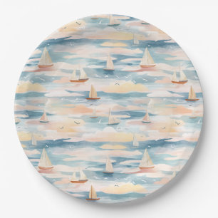 Dreamy Sailboats Ocean Watercolor Pattern (3) Paper Plate