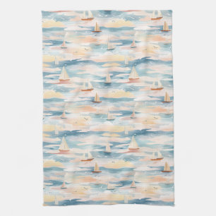 Dreamy Sailboats Ocean Watercolor Pattern (3) Tea Towel