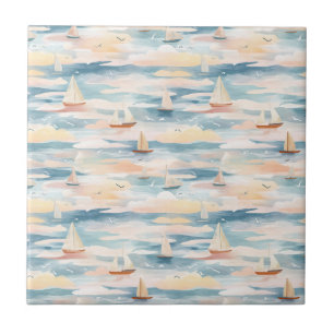 Dreamy Sailboats Ocean Watercolor Pattern (3) Tile