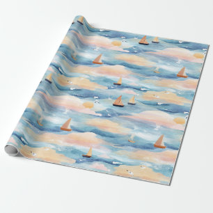 Dreamy Sailboats Ocean Watercolor Pattern (3) Wrapping Paper